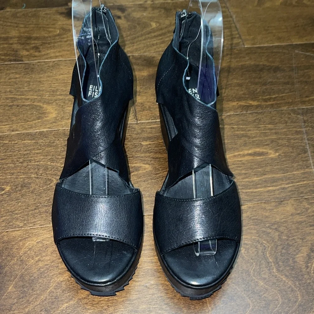 Eileen Fisher Black Leather Crisscross Wedge Sandals